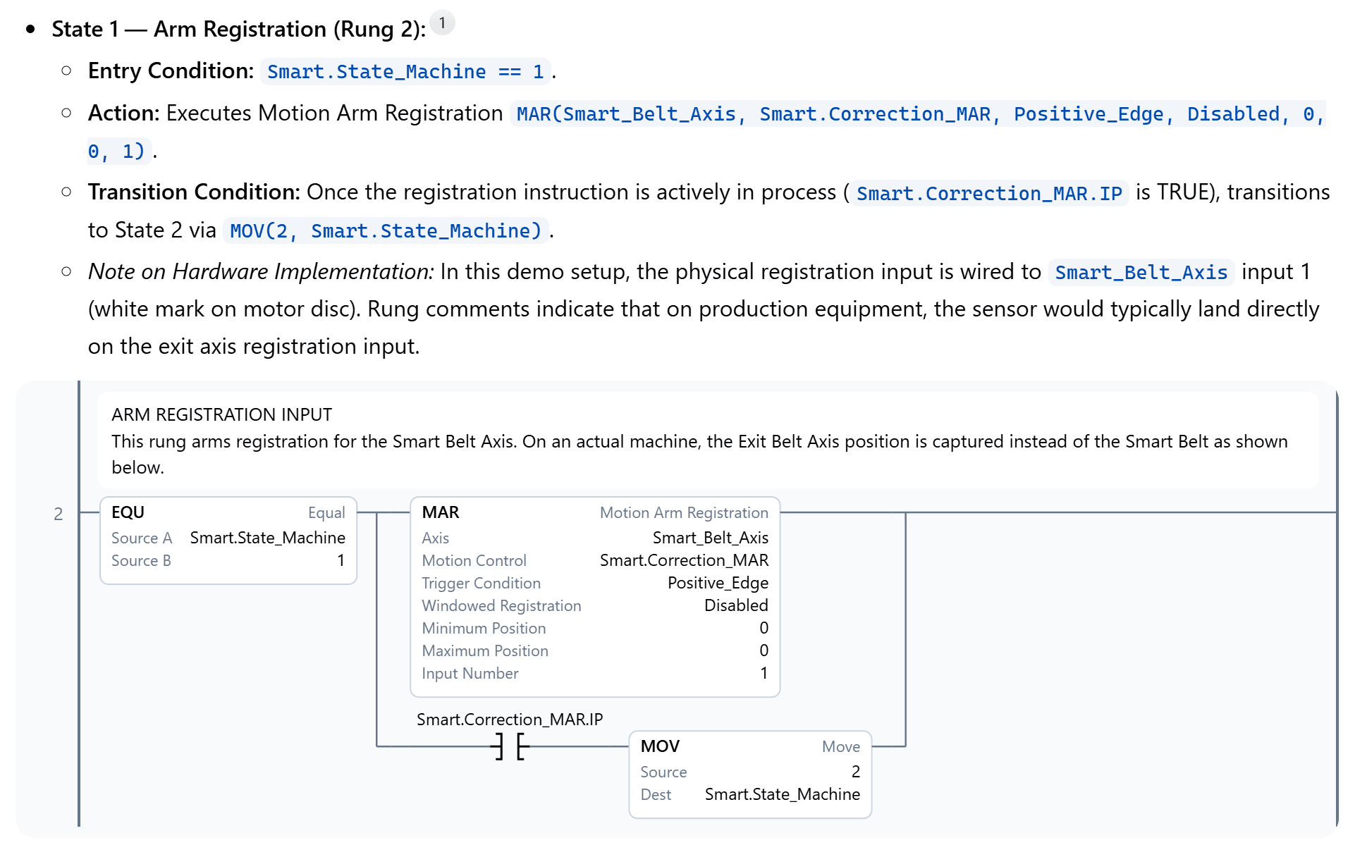 An answer explaining a motion registration rung, with the rung drawn as ladder and a citation to the routine