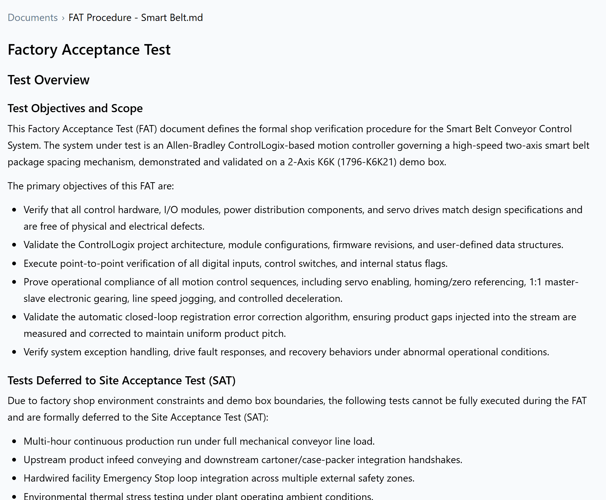 A factory acceptance test procedure open in the file view