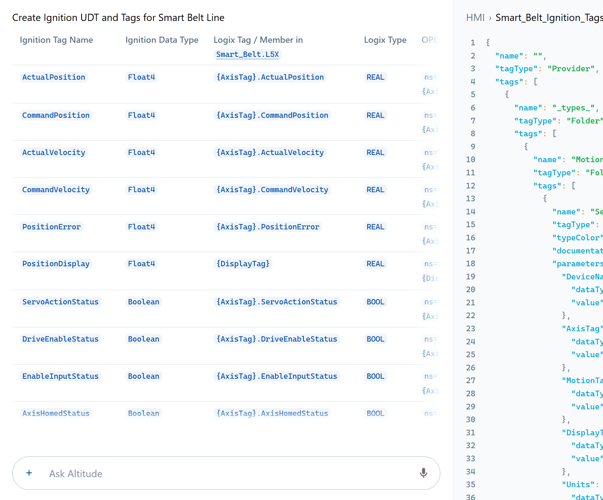 HMI UDT members mapped to their PLC tags beside the tag export Altitude wrote