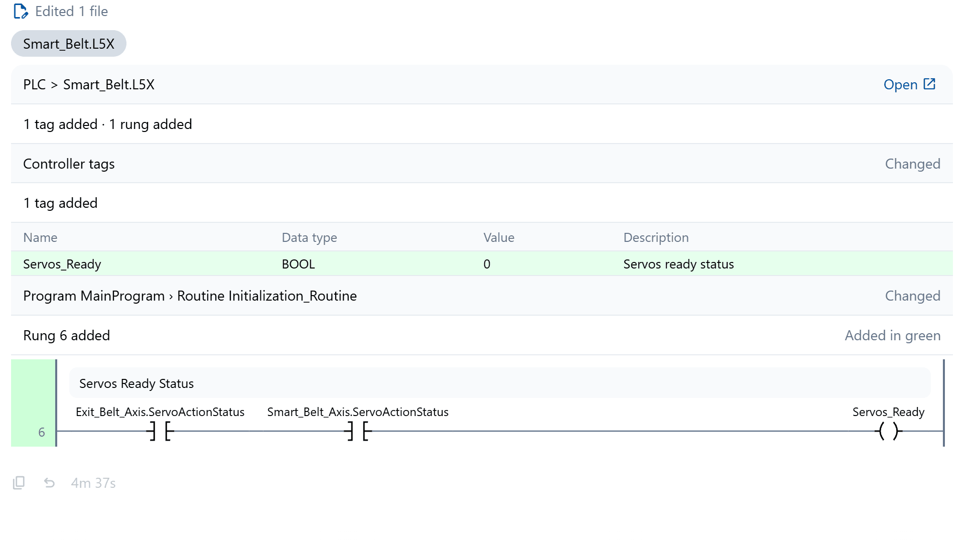 An edited PLC program showing a new tag and a new rung added in green