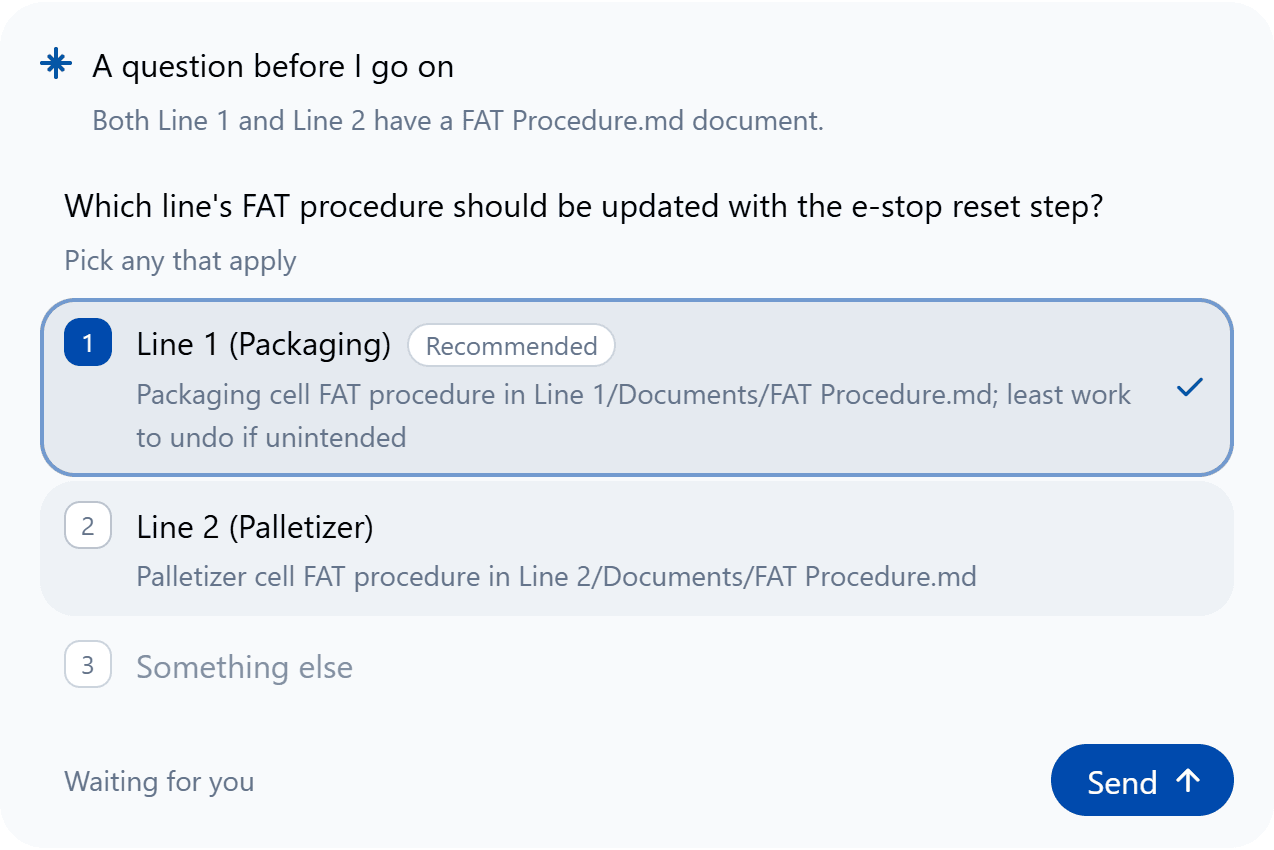 A question card asking which line's FAT procedure to update, with the recommended choice marked