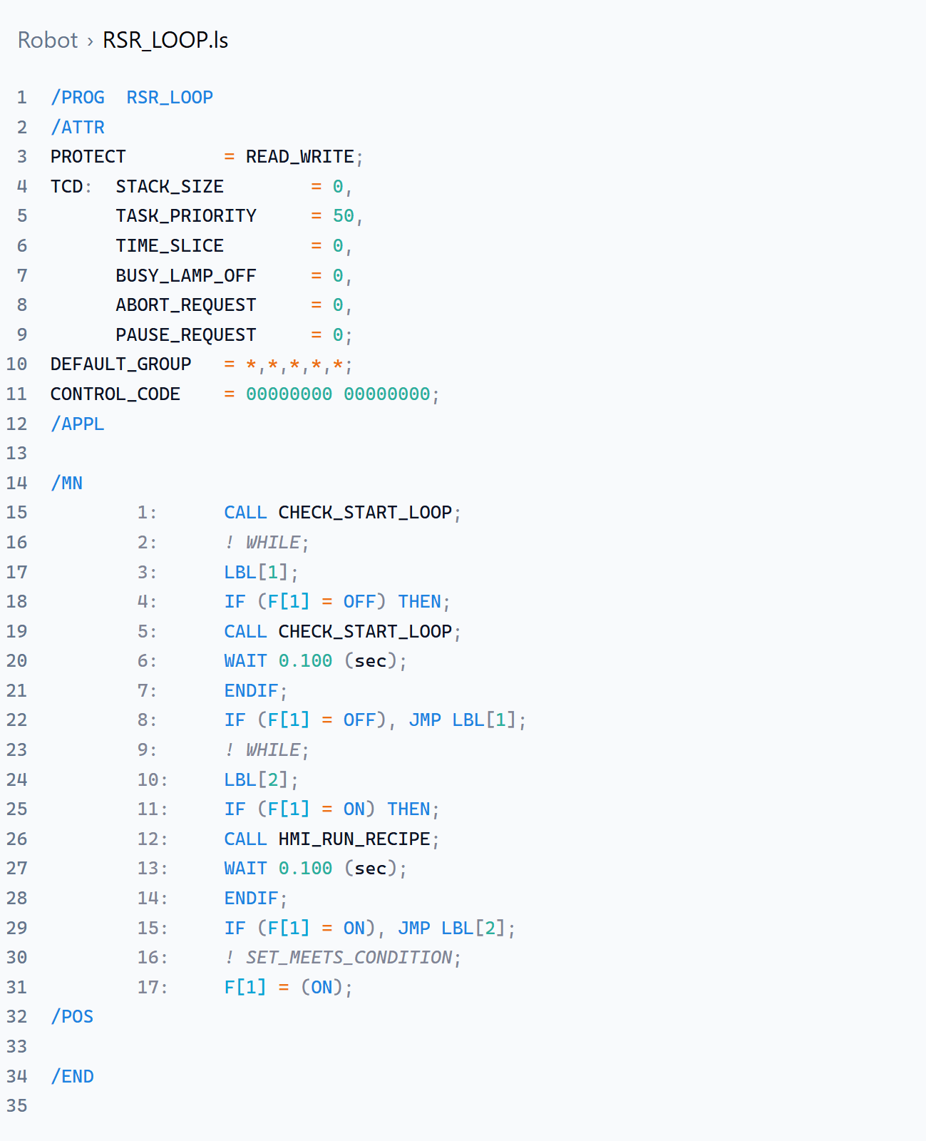 A robot program with its syntax colored