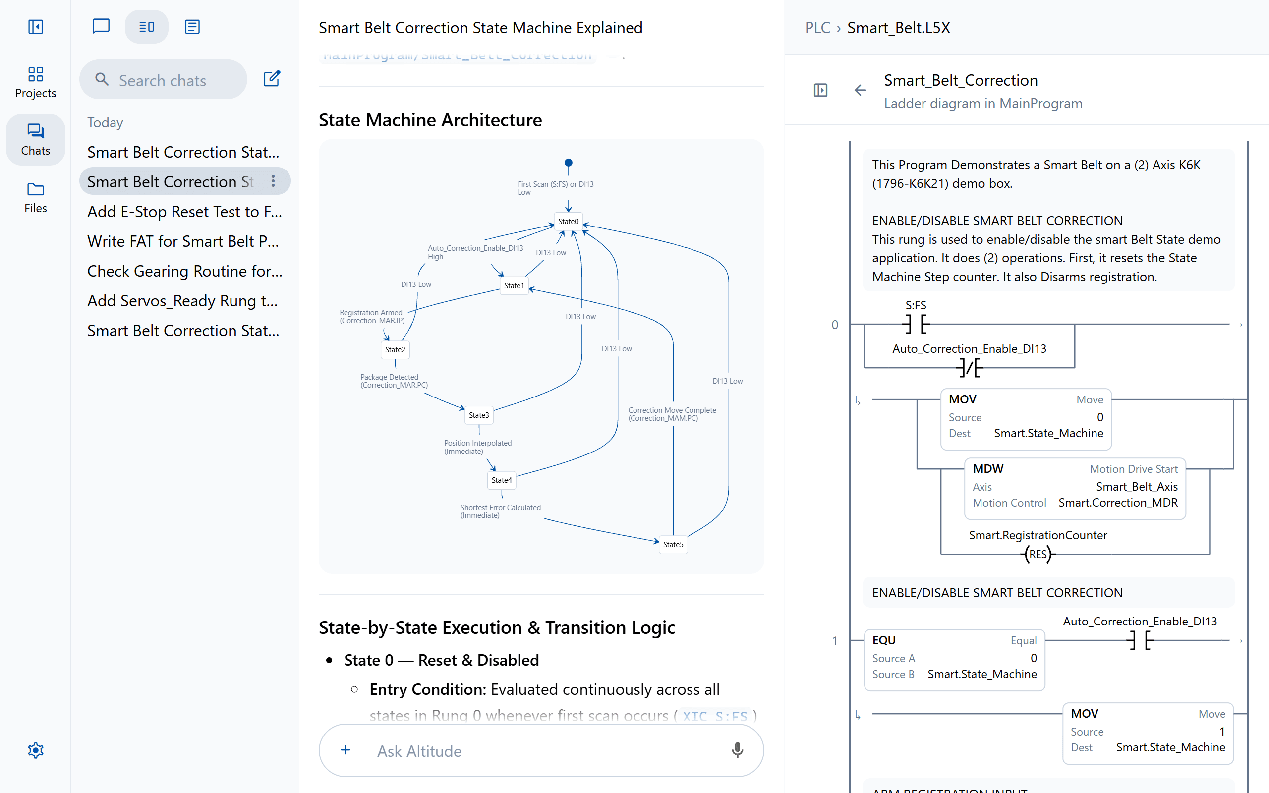A state machine diagram in the chat beside the ladder routine that runs it